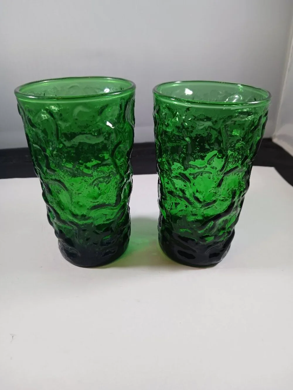 Vintage Anchor Hocking Milano 2pcs Forest Green Glass Tumblers crinkle 10 oz